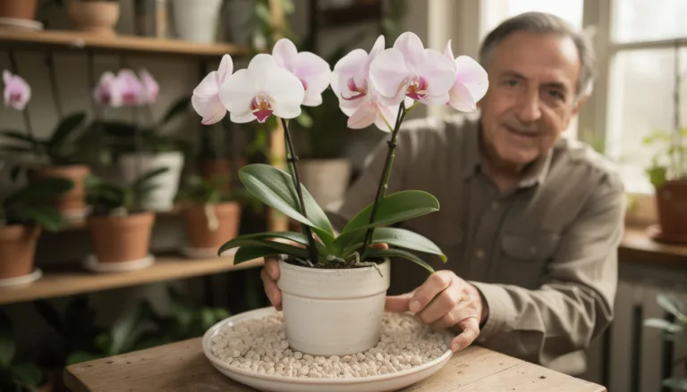 Il trucco del sottovaso con ghiaia che crea l’umidità perfetta per le orchidee in inverno